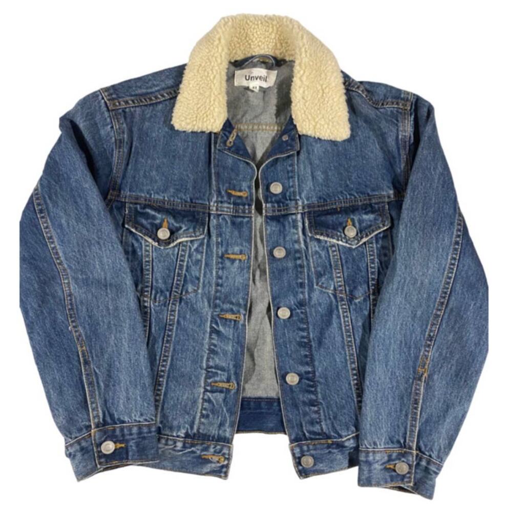 Victoria's Secret PINK Unveil Denim Trucker‎ Jacket XS Sherpa Collar Jean Coat